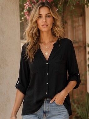 Intro. Black Button Front Blouse Roll Tab Sleeve  & V-Neck | Petite XL